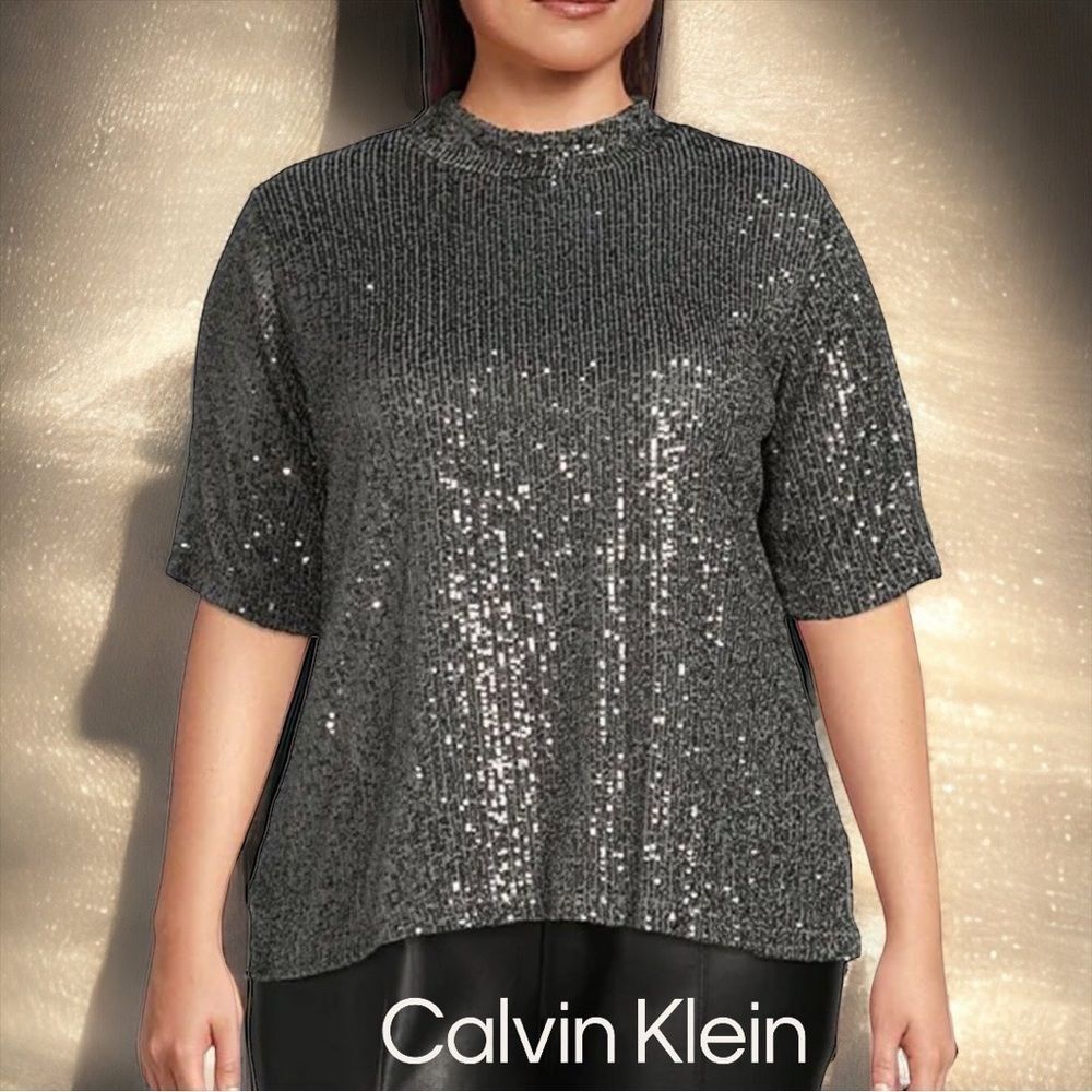 Calvin Klein Gray Sequin Mock Turtleneck Short Sleeve